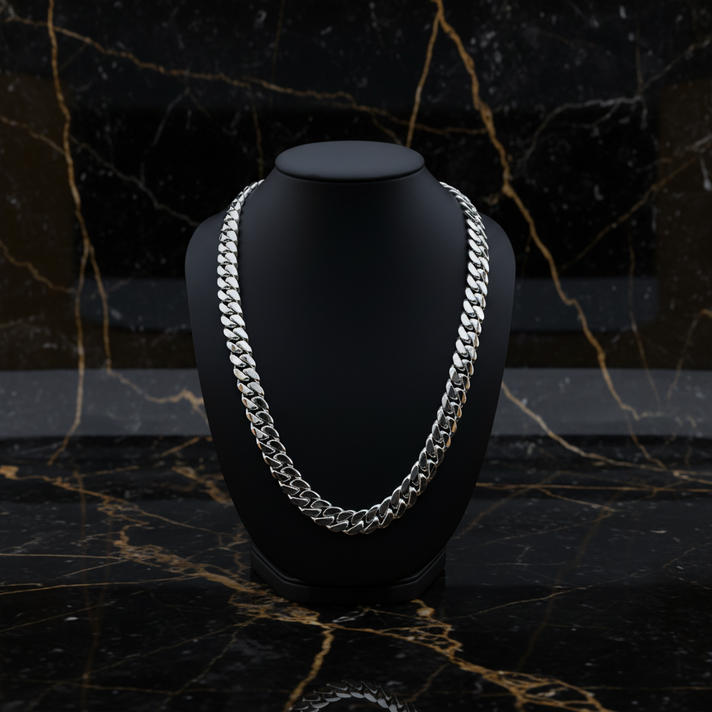14mm Silver Cuban Link Chain - Marble Background