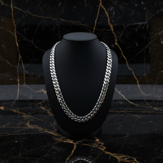 14mm Silver Cuban Link Chain - Marble Background